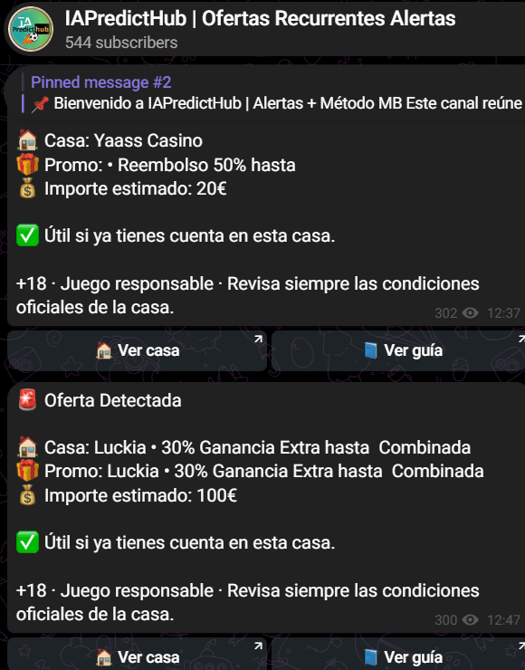 Captura del canal de alertas recurrentes de IAPredictHub en Telegram